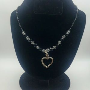 Silver heart and black beaded necklace